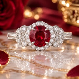 Può includere: Un anello color argento con una grande gemma rotonda rosso scuro al centro, circondata da un alone di piccole pietre chiare e scintillanti. La fascia presenta un bordo testurizzato in stile milgrain e l'incastonatura include pietre.