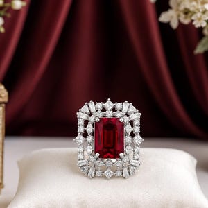 May include: A silver-toned ring featuring a large, rectangular, deep red center stone surrounded by a double halo of small, clear, brilliant-cut and baguette-cut stones, resting on a small, white, satin-covered display pillow.