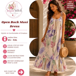 Puede incluir: Un vestido largo hasta los pies con base color crema y estampado floral estilo acuarela en tonos morados y verdes. El vestido tiene tirantes finos, escote redondo y un dobladillo con volantes, presentado como patrón de costura digital.