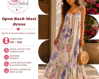 Women's Open Back Maxi Dress Sewing Pattern PDF Tie Shoulder Dress DIY Backless Summer Dress Linen Summer Dress XS-5XL