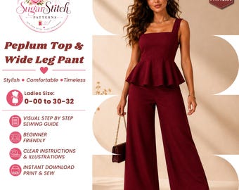 Women's Elegant Peplum Top & Wide Leg Pant Sewing Pattern DIY Co-Ord Set For Parties Handmade Instant Download