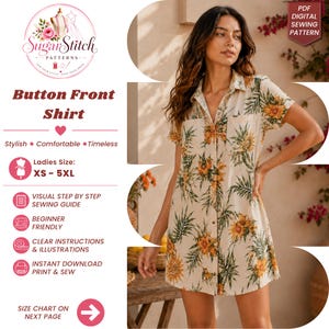 Peut inclure: Une chemise à manches courtes boutonnée sur le devant, en tissu crème avec un imprimé tropical répétitif de fleurs jaunes et de feuilles de palmier vertes. La chemise possède un col, deux poches poitrine et un ourlet droit, présentée en patron numérique.