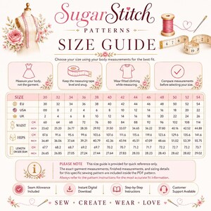 May include: A SugarStitch Patterns size guide chart featuring a table with EU, USA, and UK sizing, waist, hips, and side seam length measurements in inches and centimeters. The graphic includes sewing icons, floral accents, and instructional text.