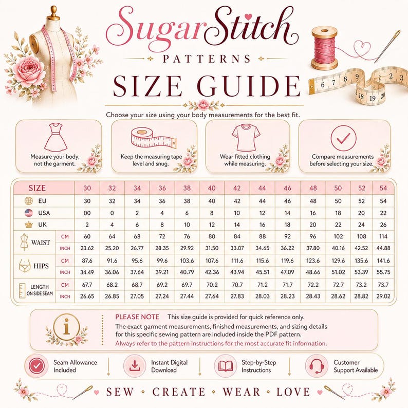 May include: A SugarStitch Patterns size guide chart featuring a table with EU, USA, and UK sizing, waist, hips, and side seam length measurements in inches and centimeters. The graphic includes sewing icons, floral accents, and instructional text.