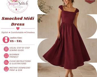 Women's Smocked Midi Dress Sewing Pattern DIY Square Neck Cap Sleeve Elastic Back Handmade Summer Dress