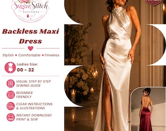 Women's Backless Maxi Dress Sewing Pattern PDF Cowl Neck Slip DIY Satin Bias Cut Gown Prom & Party Dress Handmade Fashion