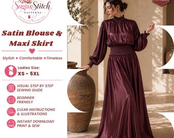 Women's Satin Blouse & Maxi Skirt Pattern PDF DIY Smocked Top And Skirt Set Long Balloon Sleeves Smoked Waistband Skirt Handmade Fashion