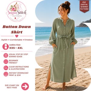 Puede incluir: Un vestido camisero abotonado de color verde salvia con mangas largas, cintura anudada y aberturas laterales. El texto dice: SugarStitch PATTERNS, Button Down Shirt, Ladies Size: XXS - 4XL, VISUAL STEP BY STEP SEWING GUIDE, BEGINNER FRIENDLY, CLEAR INSTRUCTIONS & ILLUSTRATIONS, INSTANT DOWNLOAD PRINT & SEW, SIZE CHART ON NEXT PAGE.