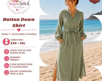 Women's Button Down Shirt Sewing Pattern PDF Bishop Sleeves Flat Collar Tunic DIY Belted Shirt Pocket Shirt Instant Download