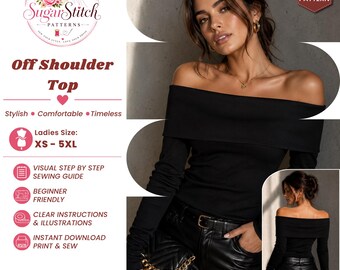 Women's Off Shoulder Top Sewing Pattern PDF Elegent Fitted Long Sleeve Shirt DIY Fold Over Neckline Top Handmade Fashion
