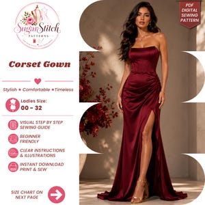 Women's Corset Maxi Dress Sewing Pattern PDF Satin Evening Gown Formal Maxi Gown Wedding Guest Dress Lace-Up Back Dress