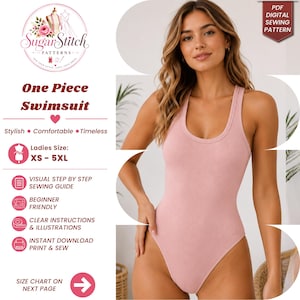 May include: A PDF digital sewing pattern for a one-piece swimsuit in sizes XS to 5XL. The design features a light pink ribbed one-piece swimsuit with a scoop neckline and racerback style straps. The document includes a visual step-by-step sewing guide, beginner-friendly instructions, and illustrations for an instant download print and sew project.