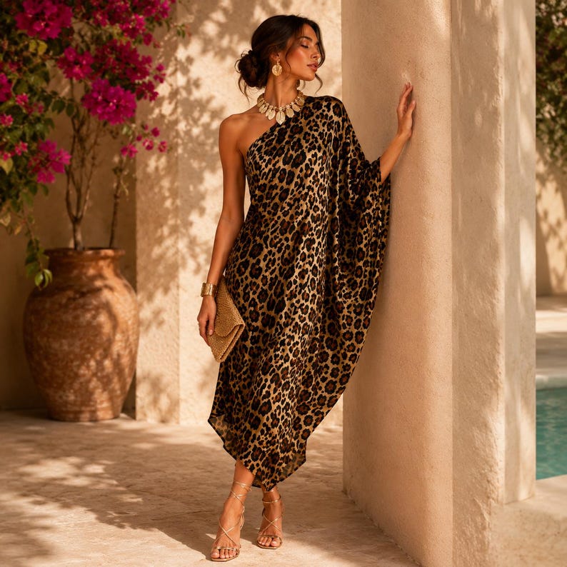 May include: A one-shoulder midi dress featuring a brown and black leopard print pattern. The garment has a loose, draped silhouette with a single wide sleeve, a gold-toned statement necklace, and a woven clutch bag held in one hand.