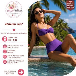 May include: A purple bikini set featuring a strapless, ruched bandeau top and high-waisted bottoms. The digital sewing pattern includes sizes XS-5XL, a visual step-by-step guide, and clear illustrations for printing and sewing at home.