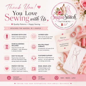 May include: A digital product information graphic for SugarStitch Patterns featuring pink text and icons. It details features like layered sizes, seam allowance, and print formats, alongside a dress sketch, measuring tape, and sewing scissors.