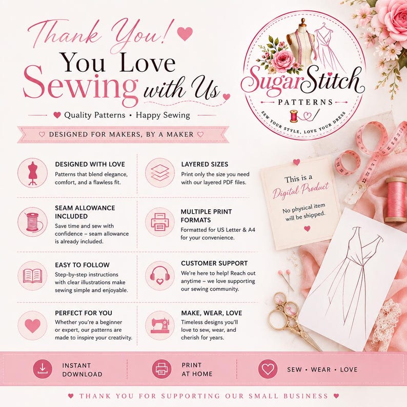 May include: A digital product information graphic for SugarStitch Patterns featuring pink text and icons. It details features like layered sizes, seam allowance, and print formats, alongside a dress sketch, measuring tape, and sewing scissors.