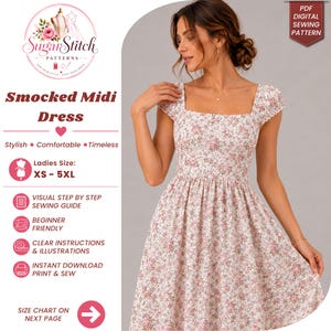 Damen Smocked Midi Kleid Schnittmuster PDF Cottagecore Milchmädchen Kleid Schnittmuster Quadratischer Ausschnitt Puffärmel Kleid DIY Sommerkleid