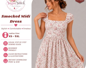 Women's Smocked Midi Dress Sewing Pattern PDF Cottagecore Milkmaid Dress Pattern Square Neck Puff Sleeve Dress DIY Summer Dress