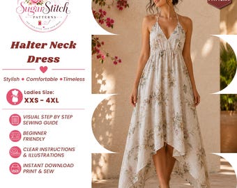 Patrón de costura en PDF para vestido halter de mujer, vestido largo de verano, vestido halter sin espalda, vestido con dobladillo asimétrico, moda hecha a mano.