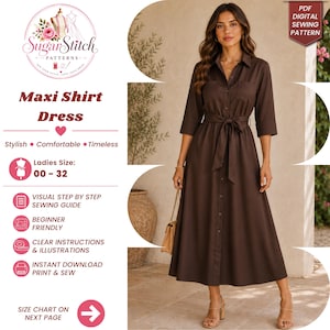 Puede incluir: Un vestido camisero largo de color marrón con cuello, mangas tres cuartos, cierre frontal de botones y un cinturón de tela a juego en la cintura. La imagen incluye texto para un patrón de costura digital, tallas 00-32 y características.