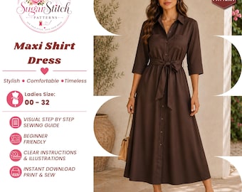 Women's Maxi Shirt Dress Sewing Pattern PDF DIY Button Front Collared Dress Tie Waist Belted A-Line Maxi Dress Instant Download