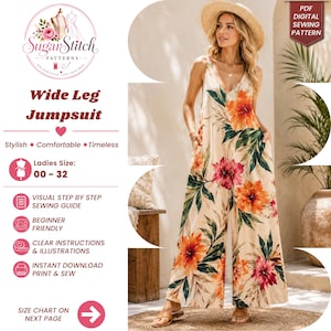 May include: A sleeveless wide-leg jumpsuit featuring a cream base with a vibrant floral print in shades of orange, pink, and green. The jumpsuit has a V-neckline and side pockets. The text reads: SugarStitch PATTERNS, Wide Leg Jumpsuit, Ladies Size: 00-32.