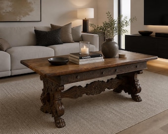 Handmade Carved Wood Coffee Table, Rustic Solid Wood Center Table Vintage Living Room Table Farmhouse Coffee Table, Small Medium Large Sizes