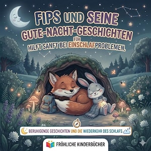 May include: An illustrated book cover featuring a sleeping fox and rabbit under a starry night sky. The text reads "FIPS UND SEINE GUTE-NACHT-GESCHICHTEN" and "HILFT SANFT BEI EINSCHLAFPROBLEMEN." The book is titled "FRÖHLICHE KINDERBÜCHER."