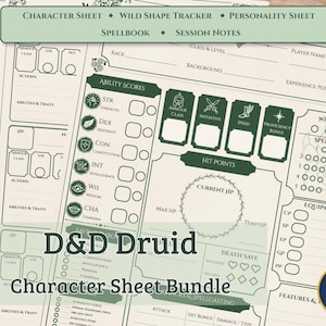 May include: A bundle of D&D Druid character sheets, featuring sections for ability scores, hit points, and spell slots. The sheets are in a light green and white color scheme, with text such as "Character Sheet" and "Spellbook".