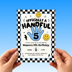 Officially A Handful Birthday Invitation, 5th Birthday Party Invite, High Five Party, Boy Groovy Handprint Smiley, Editable Canva Template