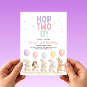 Hop Two It Birthday Invitation, Girl 2nd Birthday Invite, Minimalist Bunny Party, Pastel Balloon Watercolor Invite, Editable Canva Template