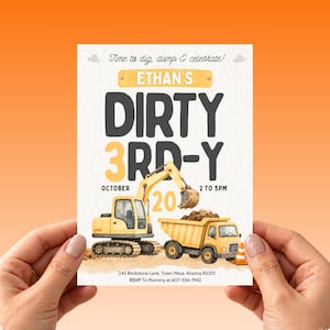 Dirty 3rd-y Birthday Invitation, Construction Birthday Invitation, 3rd Birthday Invite, Dump Truck Party, Editable Canva Template Boy