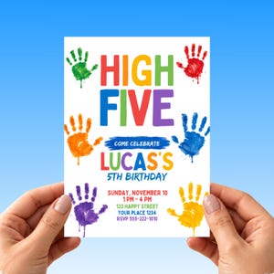 High Five Birthday Invitation, 5th Birthday Party Invite, High Five Im Five, Colorful Watercolor Handprint Party, Editable Canva Template