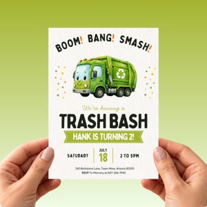 Zaproszenie urodzinowe Trash Bash, impreza z śmieciarką, animowane zaproszenie mobilne, edytowalny szablon Canva, zaproszenie Dump Everything, dla chłopców w każdym wieku