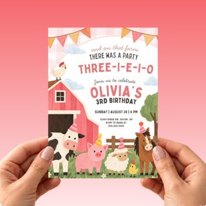 Three-I-E-I-O Birthday Invitation, 3rd Birthday Invite, And On That Farm There Was A Party, Girl Pink Gingham Farm, Editable Canva Template