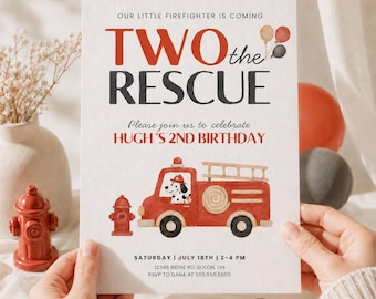 Two the Rescue Birthday Invitation, Firetruck Invite, Sound the Alarm, Editable Boy 2nd Birthday Firefighter Party Template,Digital Download