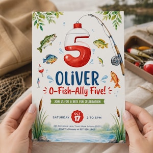 Fishing Birthday Invitation, Fishing 5th Birthday Invite, O-Fish-Ally Five, Boy Fisherman Watercolor Party, Editable Canva Template Evite