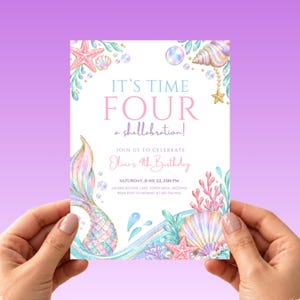 Mermaid Birthday Invitation, 4th Birthday Girl Invite, Its Time Four A Shellabration, Pastel Watercolor Mermaid Party, Animated Mobile Evite