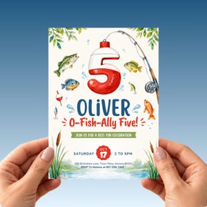 Fishing Birthday Invitation, Fishing 5th Birthday Invite, O-Fish-Ally Five, Boy Fisherman Watercolor Party, Editable Canva Template Evite