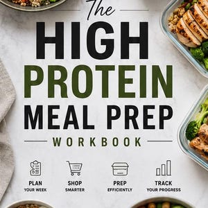 May include: The High Protein Meal Prep Workbook features a white cover with black and green text. It includes icons for planning, shopping, prepping, and tracking. Surrounding the text are bowls and containers of grilled chicken, avocado, berries, and salad.
