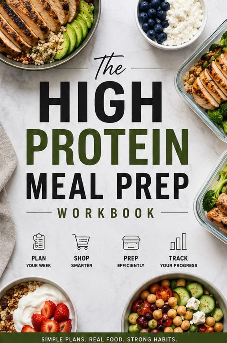 May include: The High Protein Meal Prep Workbook features a white cover with black and green text. It includes icons for planning, shopping, prepping, and tracking. Surrounding the text are bowls and containers of grilled chicken, avocado, berries, and salad.