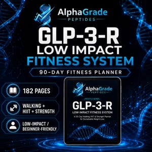 May include: A black digital tablet displaying the AlphaGrade Peptides GLP-3-R Low Impact Fitness System 90-Day Fitness Planner. The screen shows 182 pages, walking, HIIT, and strength training routines, and a blue glowing DNA strand graphic.