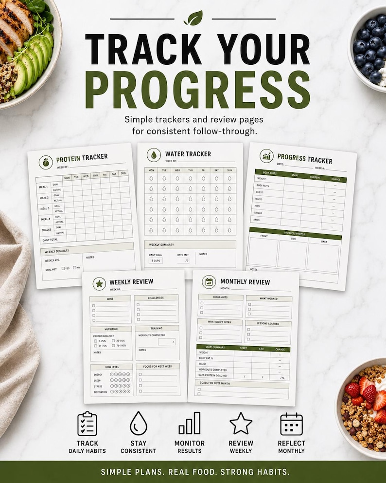 May include: A set of five printable tracking sheets featuring the text TRACK YOUR PROGRESS. Includes a protein tracker, water tracker, progress tracker, weekly review, and monthly review with green accents, checkboxes, and icons for daily habits.