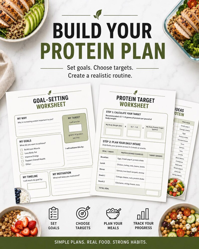 May include: A printable protein plan worksheet set featuring a goal-setting page and a protein target worksheet with sections for calculating daily intake and meal planning. The documents include text headers, checkboxes, and tables for tracking nutrition.