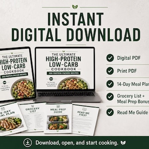 May include: A digital cookbook titled The Ultimate High-Protein Low-Carb Cookbook with 250 recipes, displayed on a laptop and tablet screen, accompanied by a 14-day meal plan, grocery list, meal prep guide, and a read me guide in a digital format.