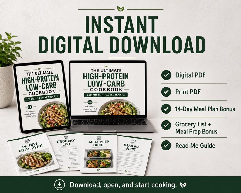 May include: A digital cookbook titled The Ultimate High-Protein Low-Carb Cookbook with 250 recipes, displayed on a laptop and tablet screen, accompanied by a 14-day meal plan, grocery list, meal prep guide, and a read me guide in a digital format.