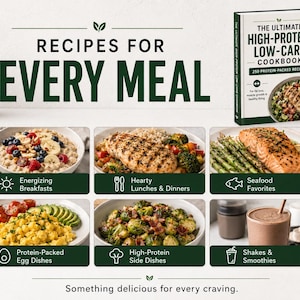 May include: A cookbook titled The Ultimate High-Protein Low-Carb Cookbook with 250 protein-packed recipes. The image displays six categories of food including oatmeal, grilled chicken, salmon, eggs, brussels sprouts, and a protein shake.