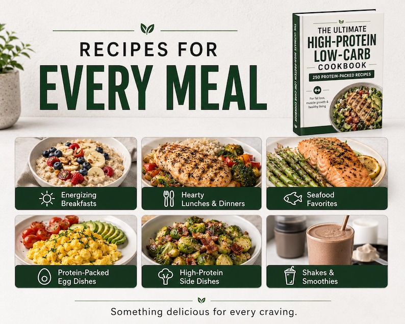 May include: A cookbook titled The Ultimate High-Protein Low-Carb Cookbook with 250 protein-packed recipes. The image displays six categories of food including oatmeal, grilled chicken, salmon, eggs, brussels sprouts, and a protein shake.