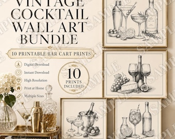 Vintage Cocktail Wall Art Bundle, 10 Bar Cart Prints, Black White Kitchen Decor Digital Download