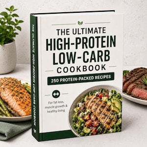 May include: A hardcover cookbook titled The Ultimate High-Protein Low-Carb Cookbook with 250 Protein-Packed Recipes. The white cover features dark green text, a dumbbell icon, and a photograph of a salad with grilled chicken and avocado.